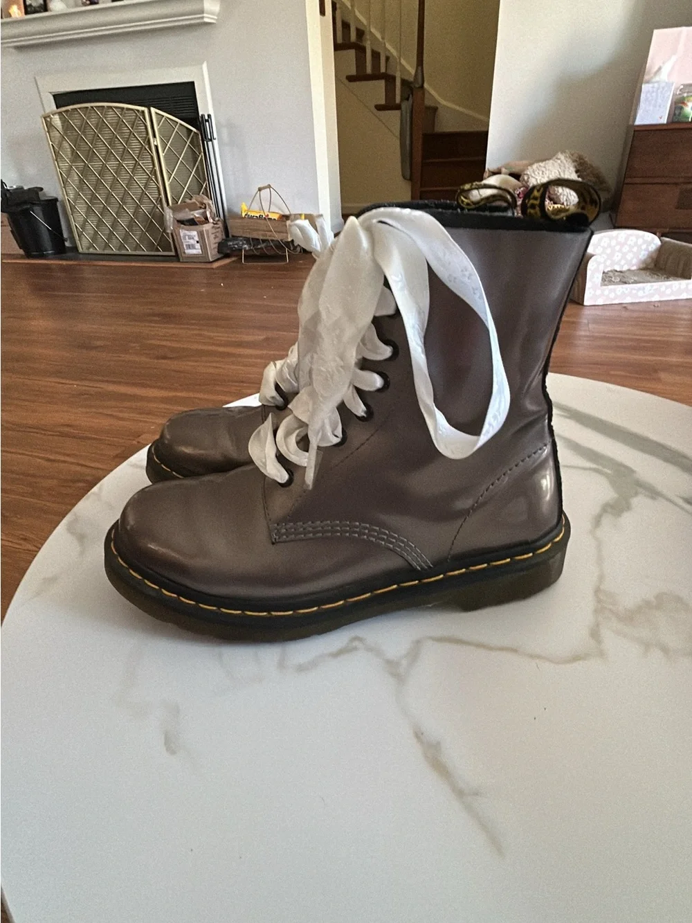 Dr. Martens metallic Gray Leather Combat Boots with White Laces - Picture 1 of 7